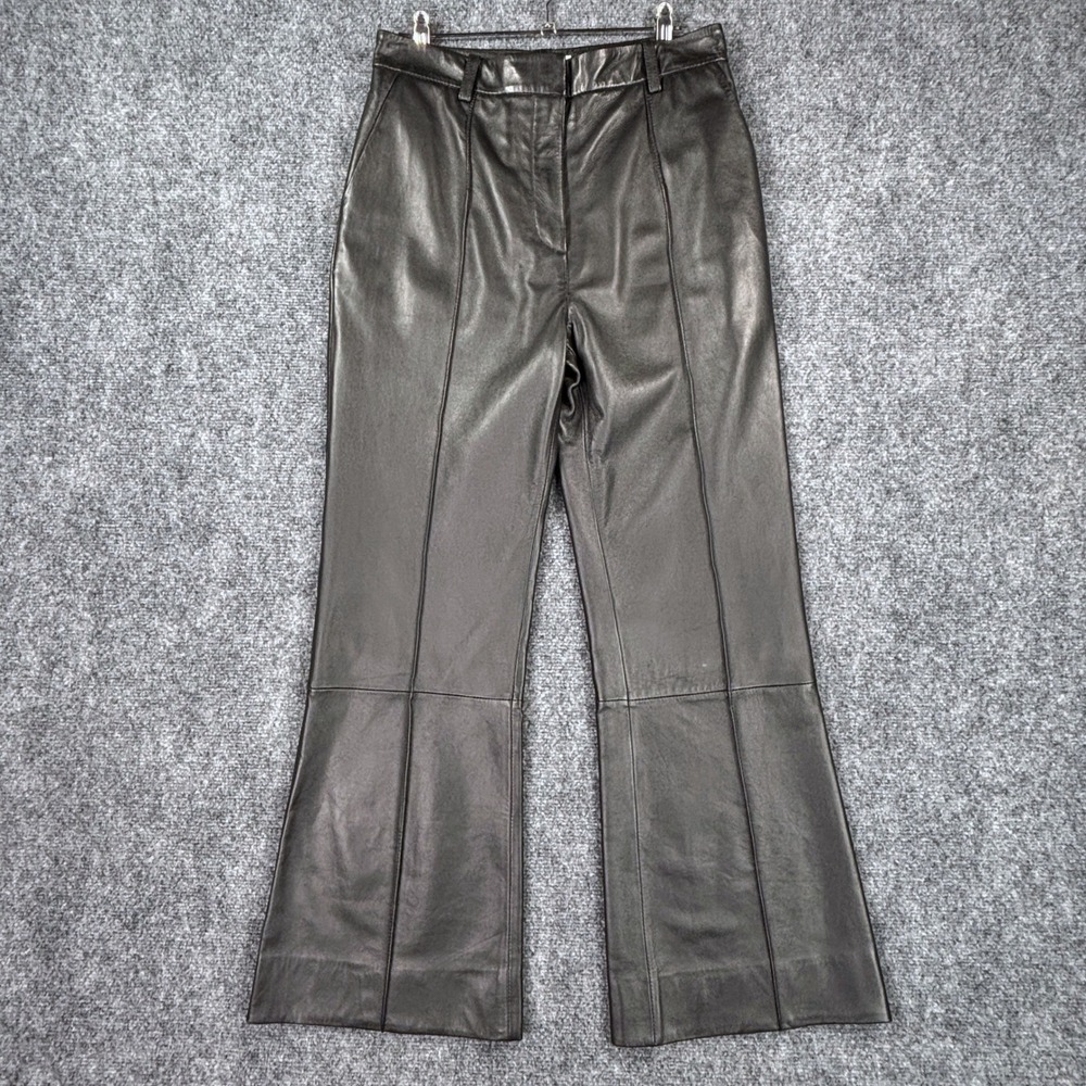 Victoria Beckham Black Leather Cropped Kick Trousers Flared Pants Size 10 NEW